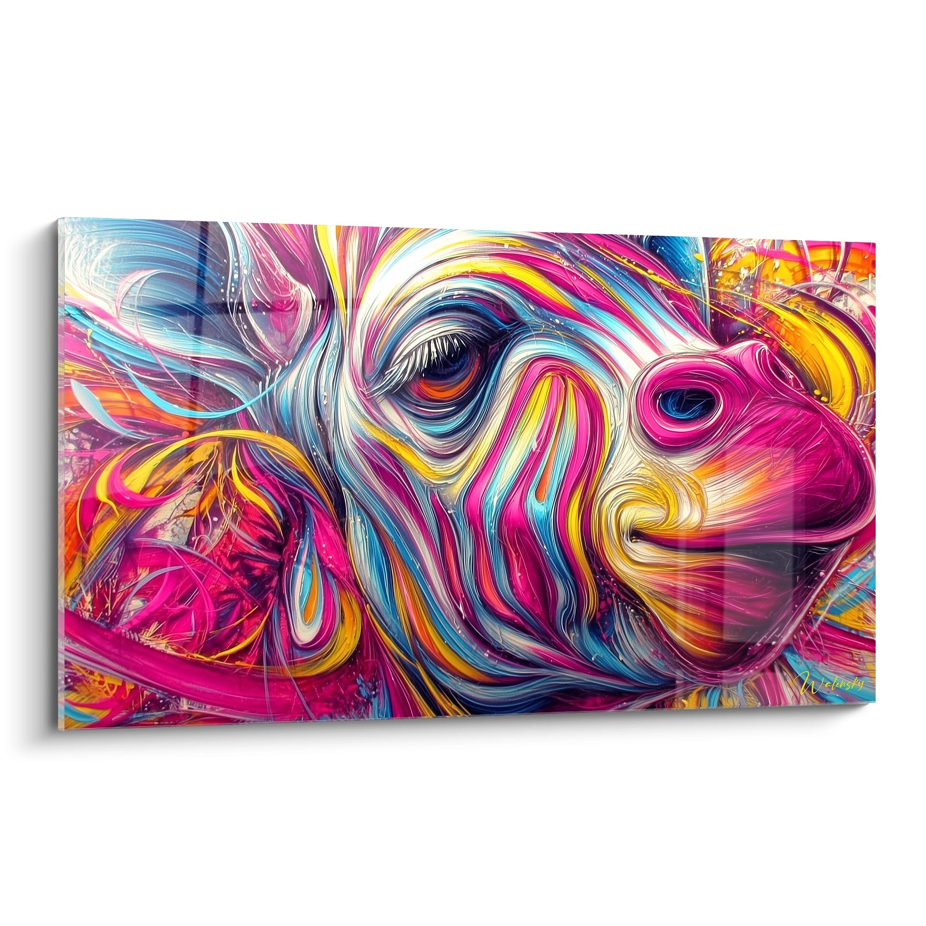 Tableau mural abstrait tourbillons colorés psychédéliques rose bleu jaune art moderne décoratif
