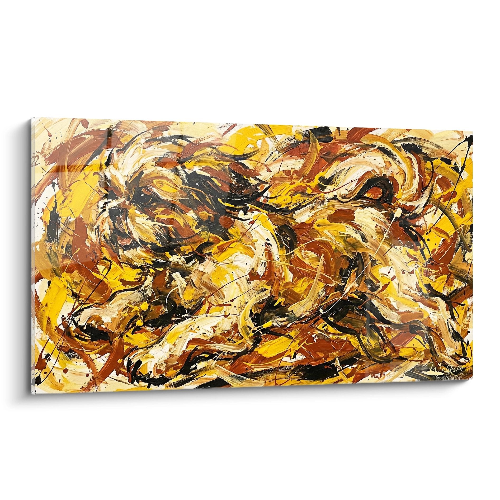 Tableau abstrait aux tourbillons dorés et bruns évoquant le pelage soyeux d'un Shih Tzu, peinture moderne aux tons chauds