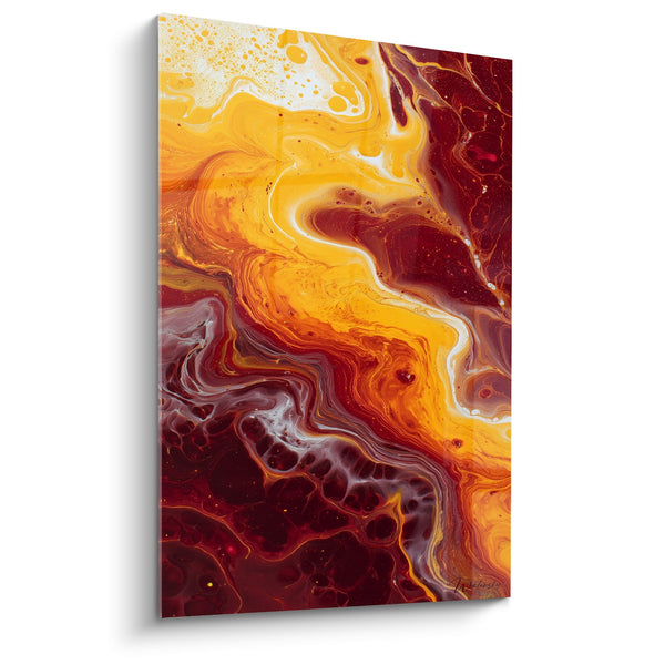 Abstracte Gele Oranje en Bordeaux Rode Wervelingen Schilderij - Hemelse Vlammen - Feng Shui Zuid Vuur Editie