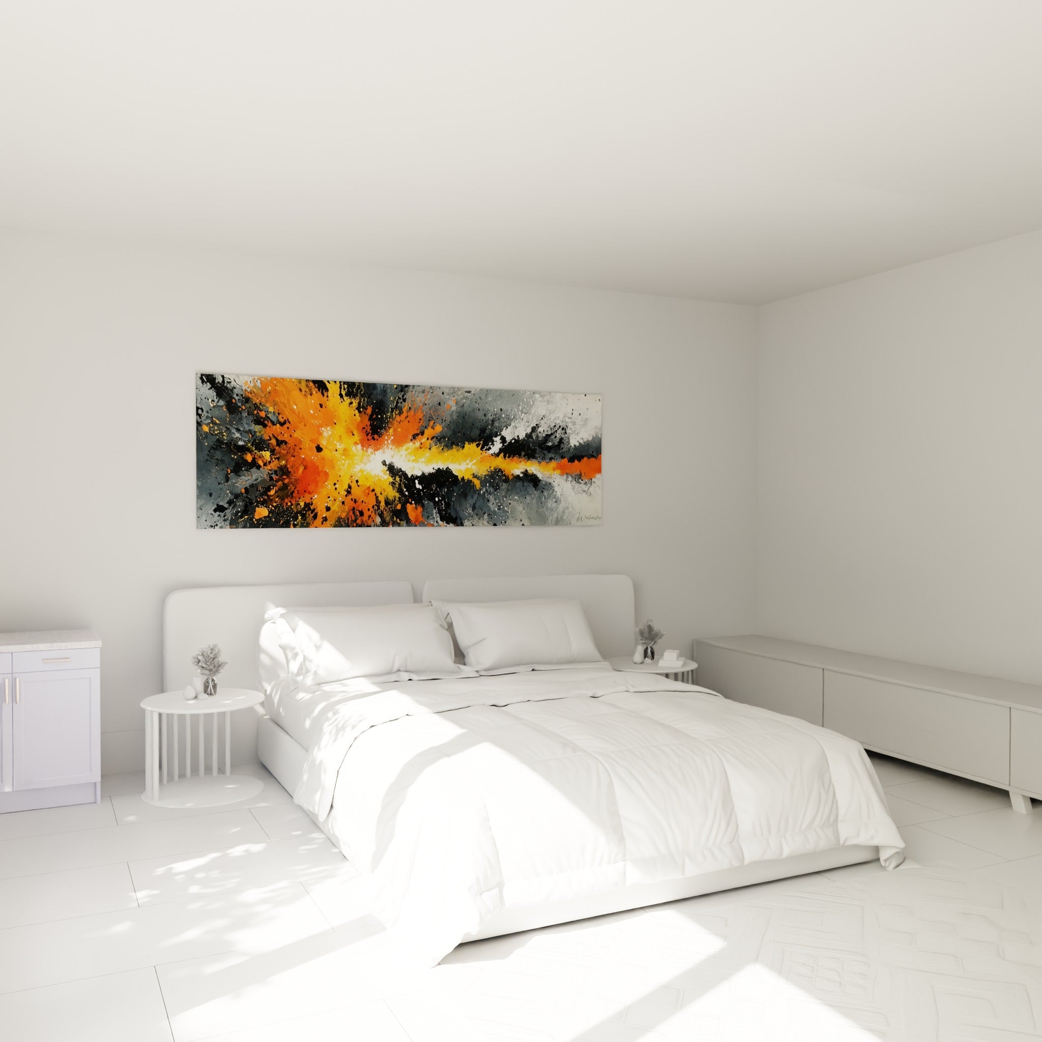 Traînée orange et blanche sur fond anthracite accrochée au-dessus d'un lit dans une chambre claire