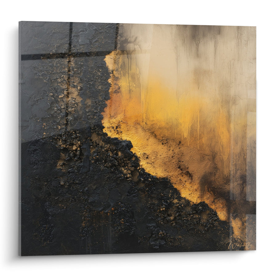 Tableau abstrait transition or et gris avec textures minérales - Lumière terrestre - Edition Feng shui Nord-Est Terre