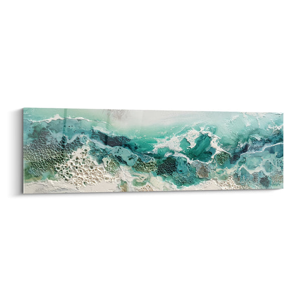 Abstract Turquoise en Wit Schilderij met Vloeiende Texturen - Marine Golven - Feng Shui Noord Water Editie