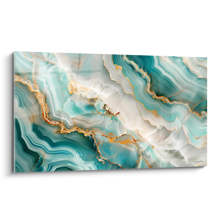 Tableau tourbillons turquoise et dorés avec veines cristallines - Symphonie aquatique - Edition Abstrait marbre bleu