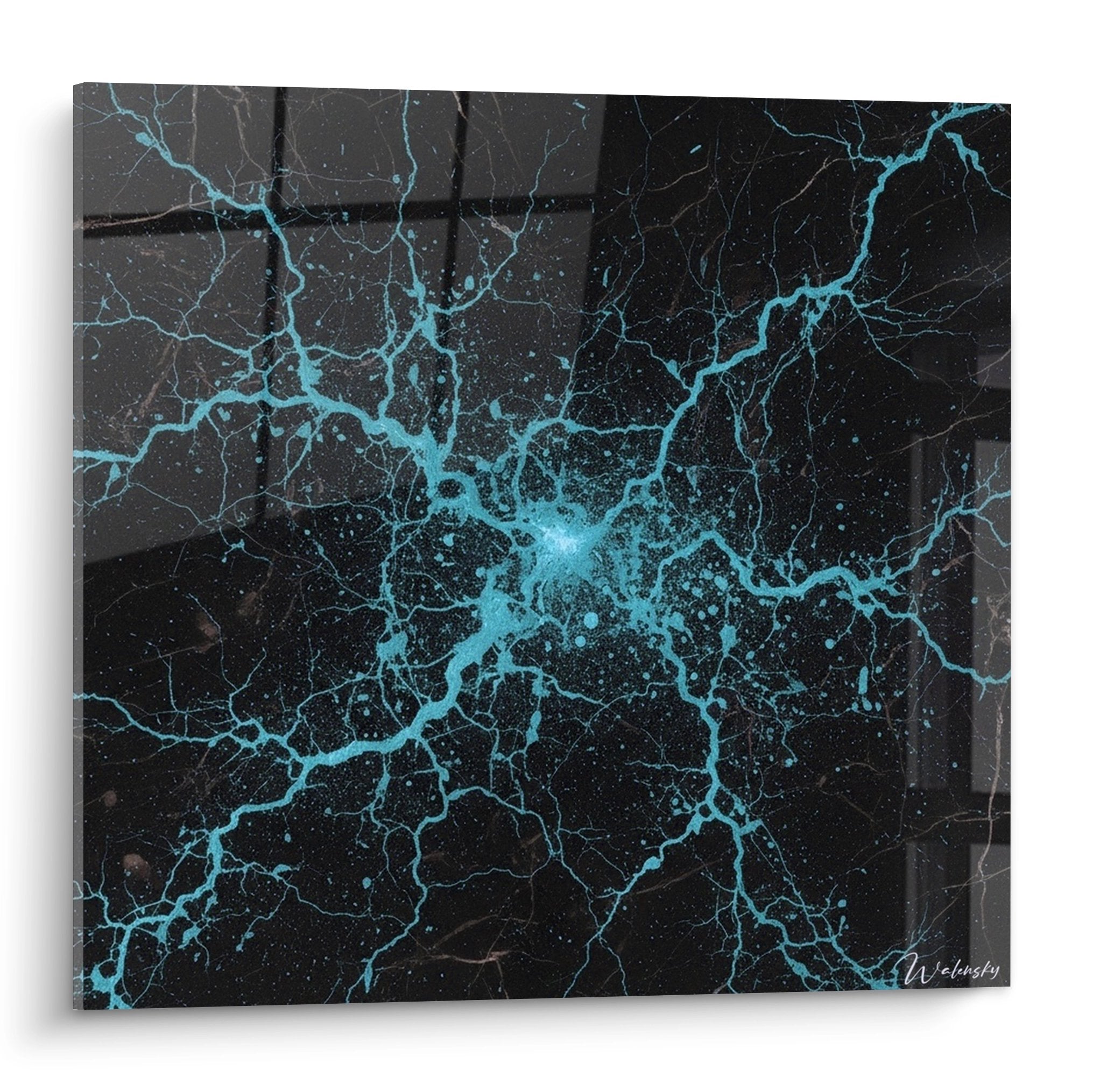 Tableau abstrait noir avec veines turquoise électrique style minéral art Japandi moderne