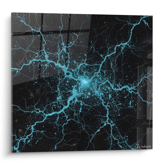 Abstract schilderij Turkoois en Zwart Craquelé - Minerale Elektriciteit - Japandi editie