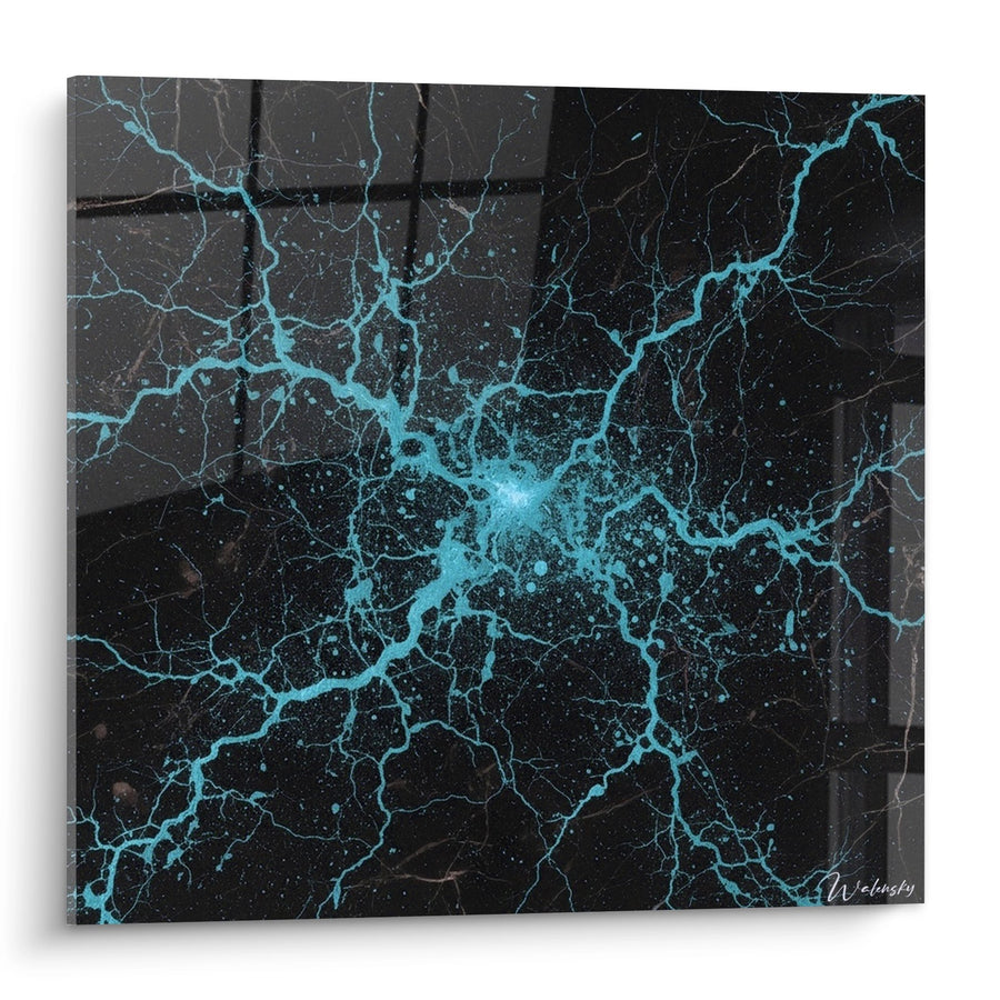 Tableau Abstrait Turquoise et Noir Craquelé - Électricité Minérale - Edition Japandi