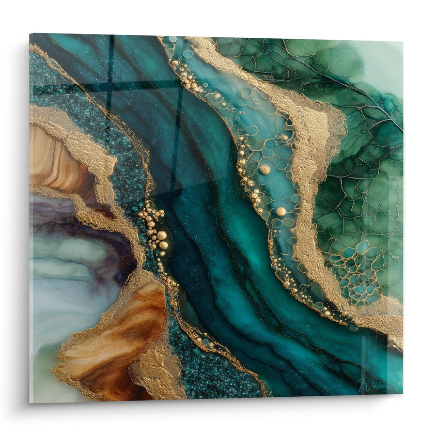 Tableau abstrait turquoise et or avec veines dorées et textures organiques - Harmonie Océane - Edition Feng shui Sud-Est Bois