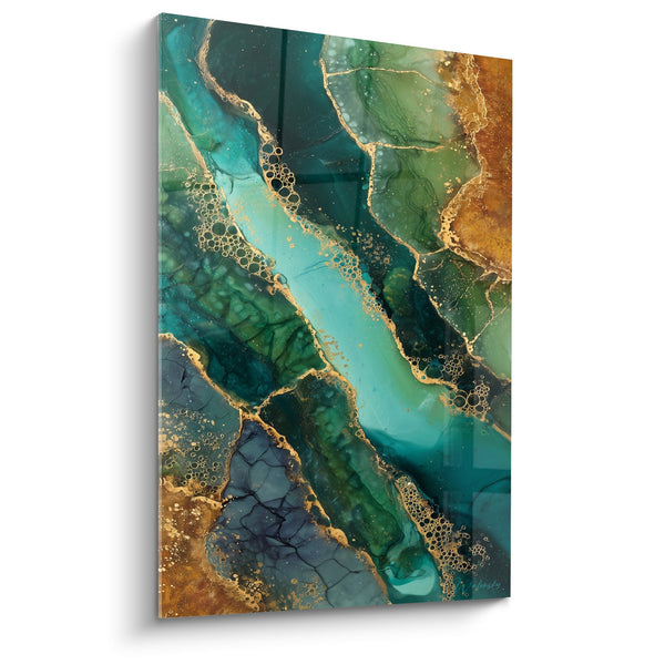 Abstract turkoois en gouden schilderij met vloeiende gouden aderen - Aquatische Harmonie - Feng Shui Zuidoost Hout Editie
