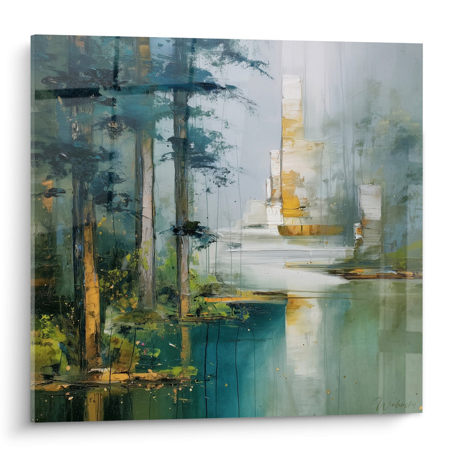 Tableau Paysage Abstrait aux Tons Turquoise et Émeraude - Reflets d'Eau - Edition Feng shui Est Bois