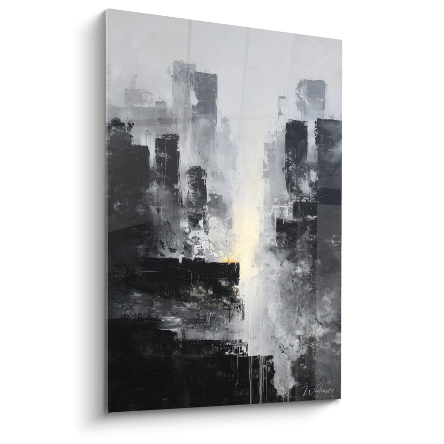 Tableau Abstrait Urbain Gris et Noir avec Éclat Doré - Métropole Brumeuse - Edition Feng shui Ouest Métal