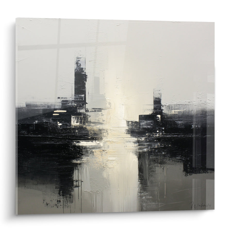 Tableau abstrait urbain gris noir et blanc avec reflets lumineux - Métropole - Edition Feng shui Ouest Métal