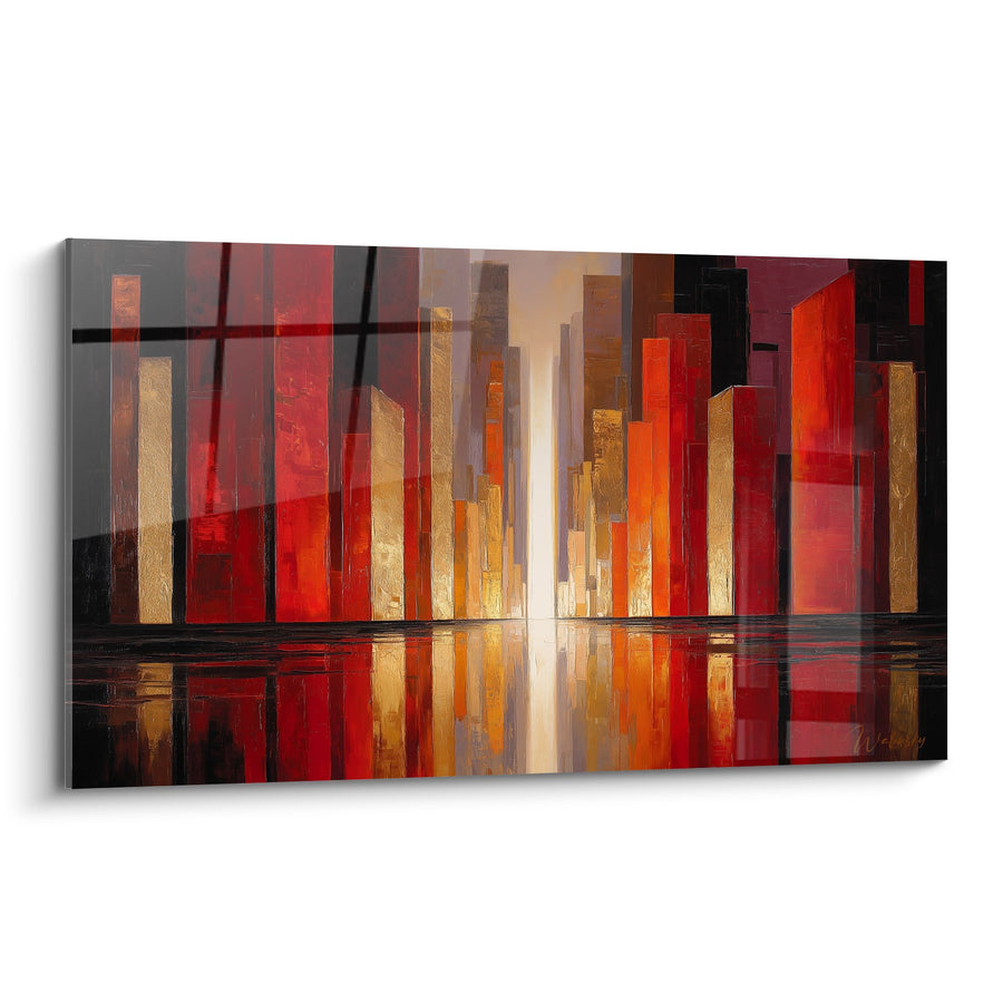 Tableau Abstrait Urbain Rouge Orange et Doré avec Reflets - Métropole Enflammée - Edition Feng shui Sud Feu