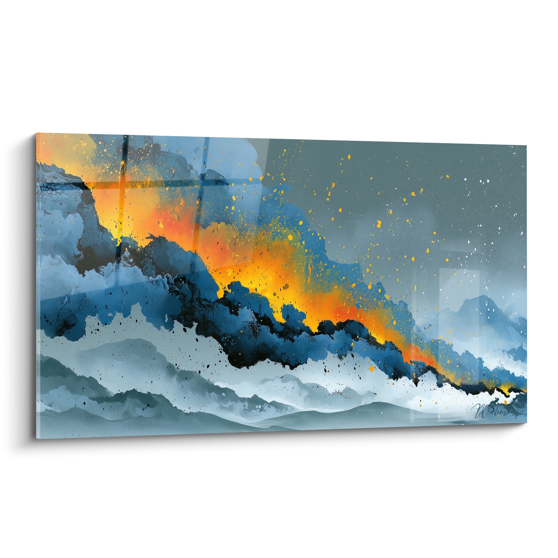 Coulée bleu anthracite et orange incandescent en plein élan sur toile abstraite lumineuse