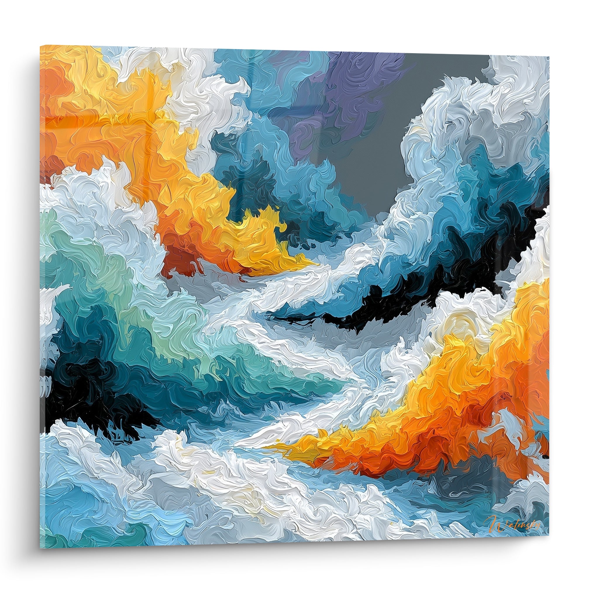 Vagues abstraites orange et turquoise en collision, empâtements épais et éclats blancs écumeux