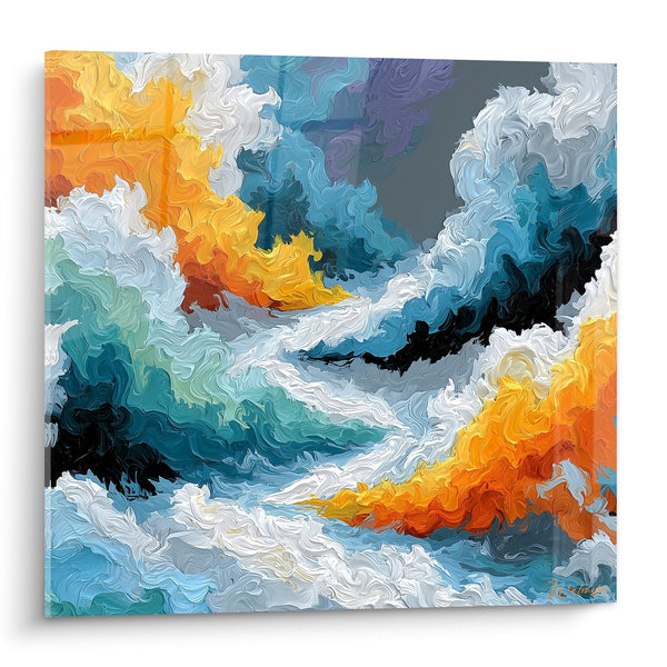 Tableau Vagues tourbillonnantes orange et bleu turquoise - Collision des éléments - Edition style Peinture abstrait