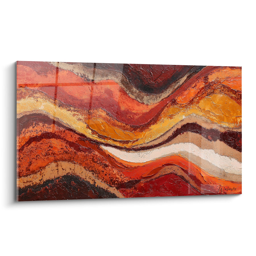 Tableau abstrait aux vagues orangées et terres cuites - Ondulations minérales - Edition Feng shui Centre Terre