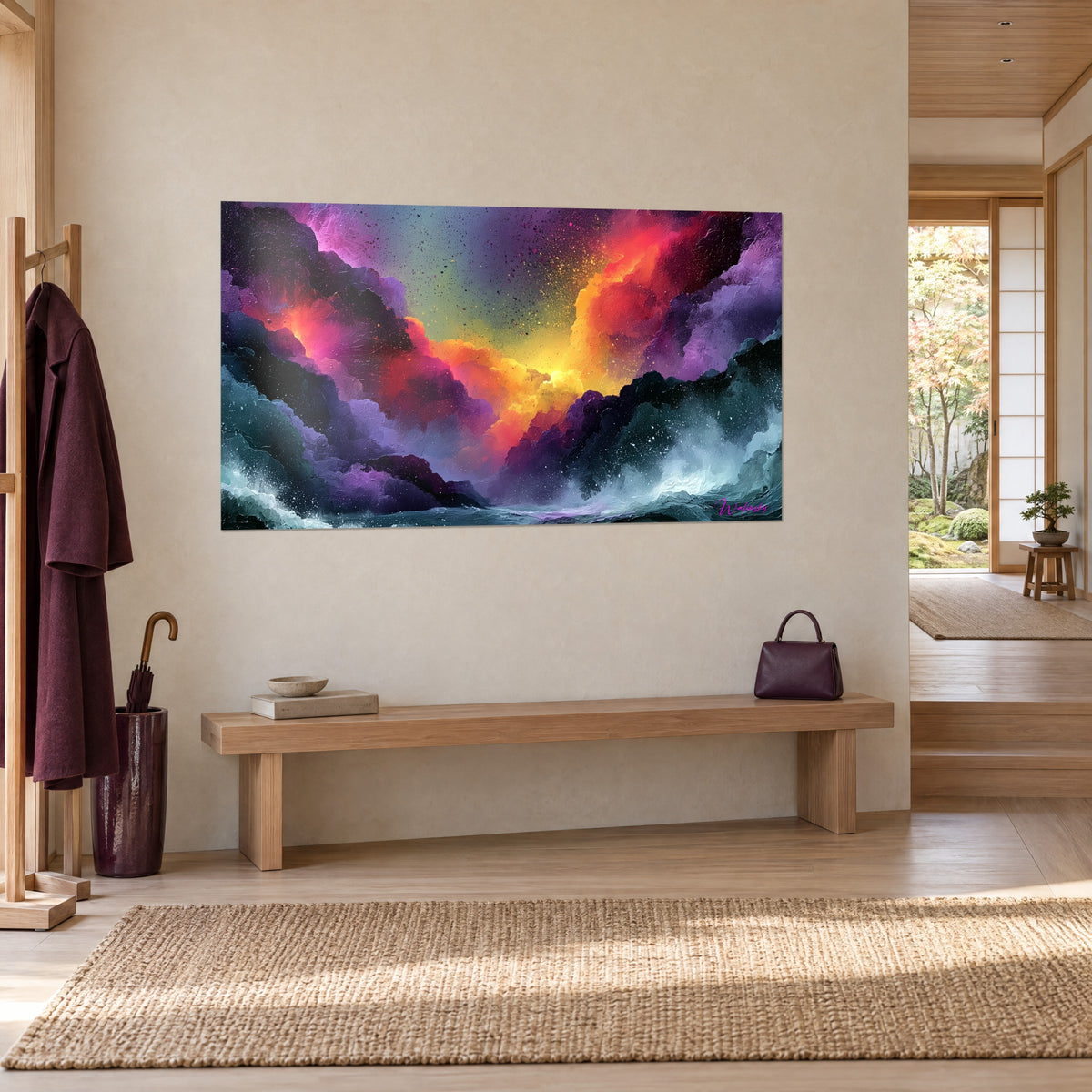 Cuadro erupción celeste con volutas naranjas y violeta ciruela, espuma verdigris abajo, pared beige junto a un banco de madera clara