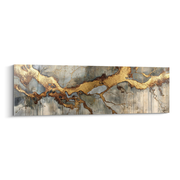 Abstract Schilderij Goud en Blauwgrijs met Vloeiende Gouden Nerven - Minerale Harmonie - Feng shui Noord-Oost Aarde Editie