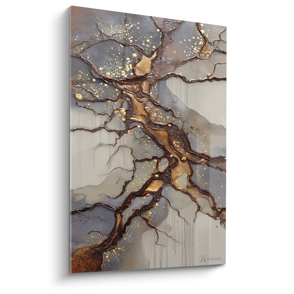 Abstract schilderij met gouden aderen en grijze minerale texturen - Aardse Harmonie - Feng Shui Noord-Oost Aarde editie