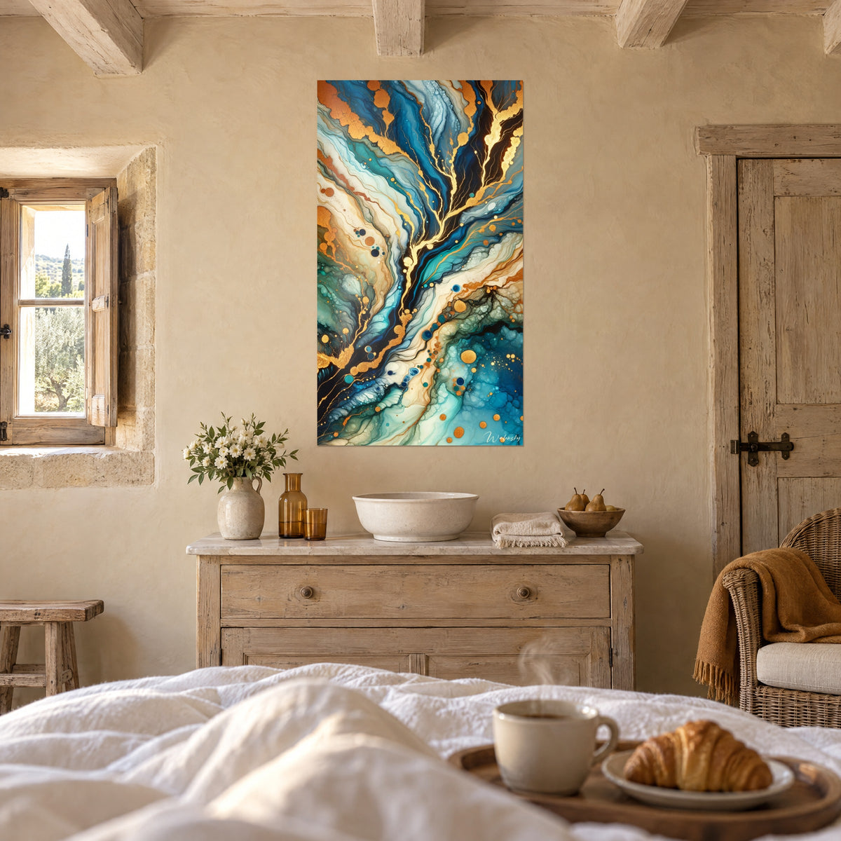 Cuadro con vetas minerales doradas entre azul petróleo y crema, manchas de cobre, persona de espaldas, encima de una cama en un dormitorio luminoso