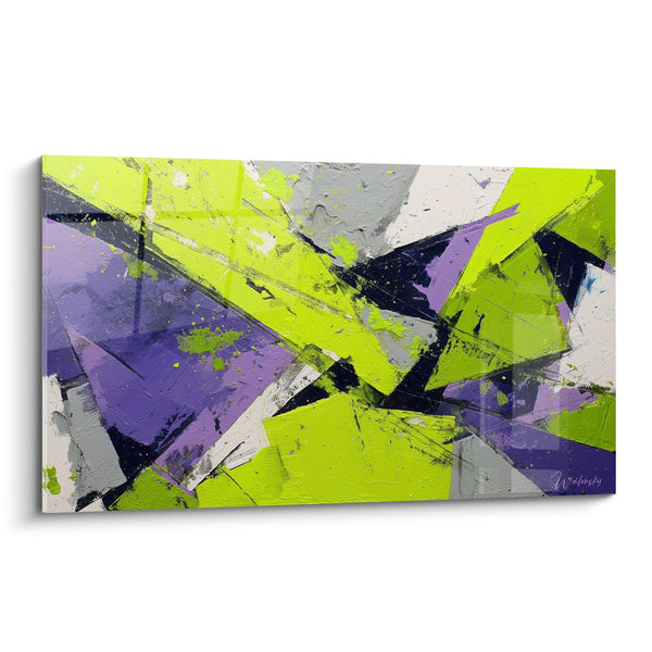 Cuadro abstracto verde lima y violeta con formas geométricas dinámicas - Energía creativa - Edición Feng shui Sureste Madera