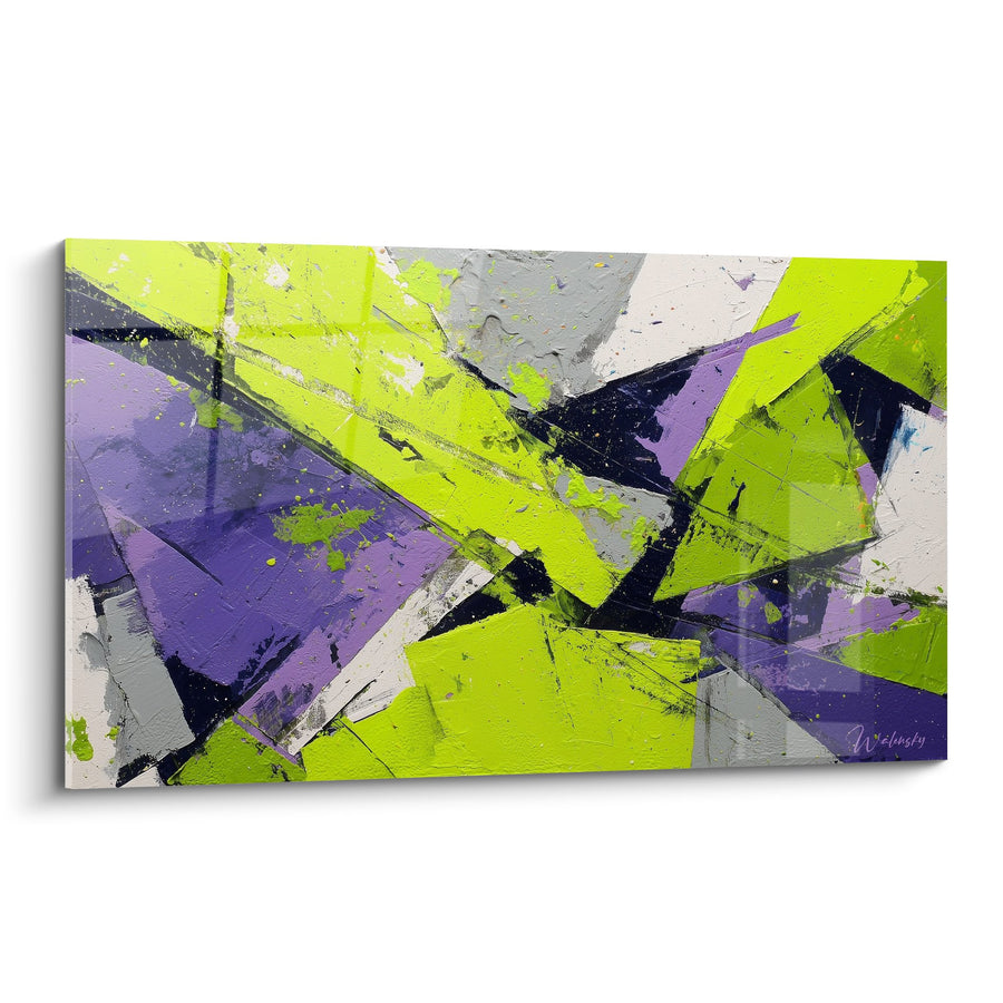 Tableau abstrait vert lime et violet avec formes géométriques dynamiques - Énergie créative - Edition Feng shui Sud-Est Bois