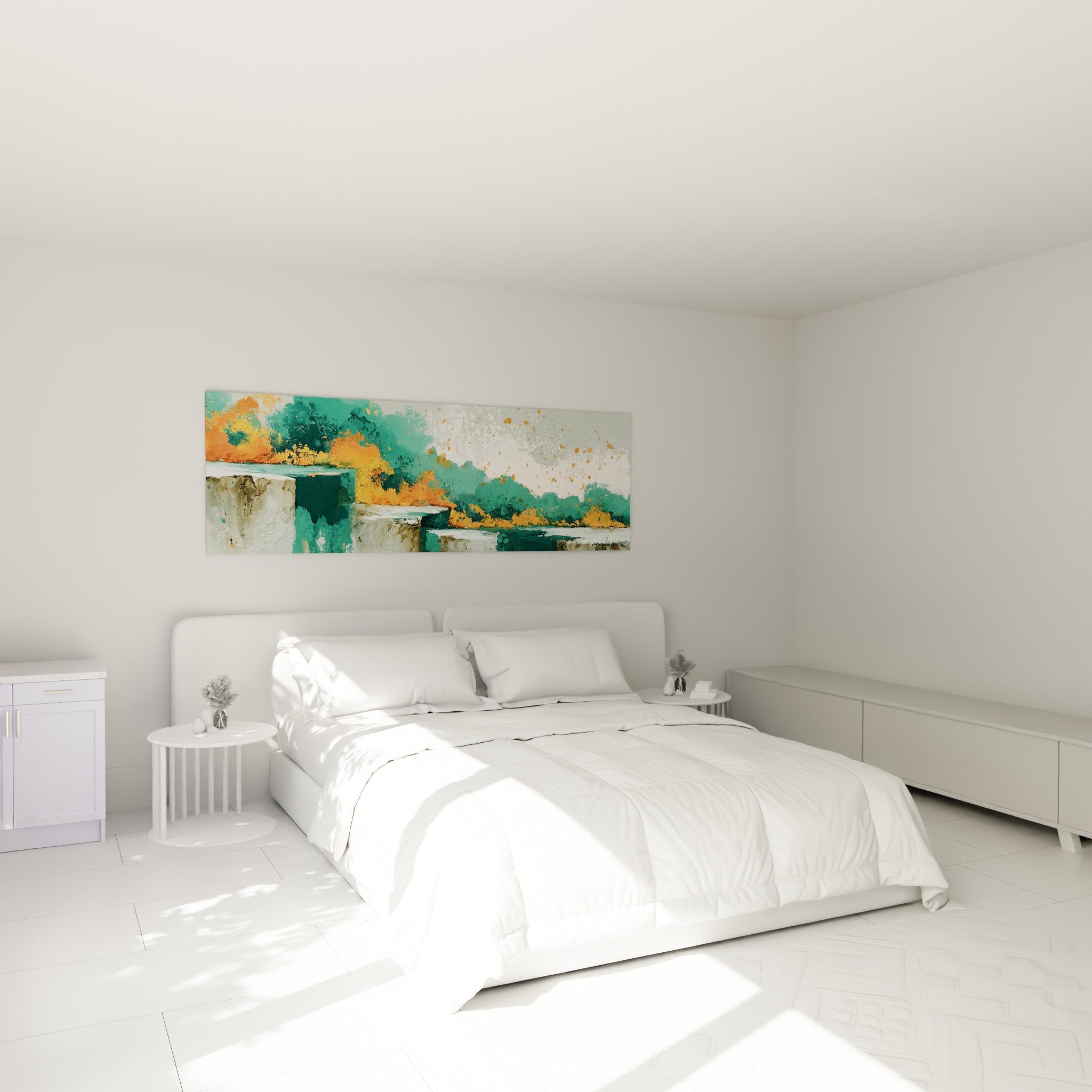 Falaises abstraites sarcelle et orangées peintes au-dessus d'un lit dans une chambre claire