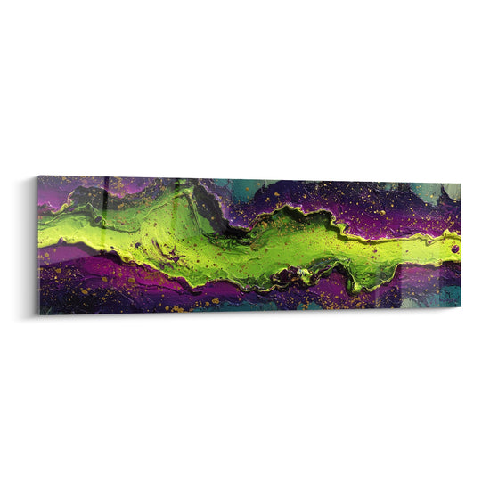 tableau abstrait fluide vert violet avec ondulations dorees feng shui sud est bois