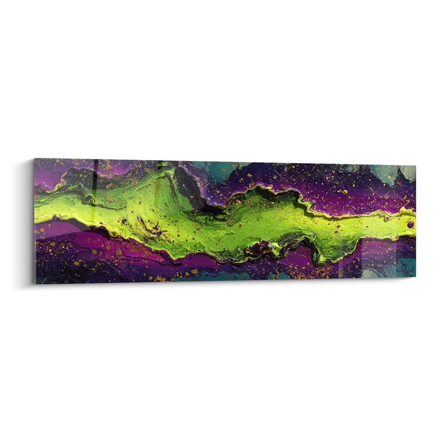 Tableau fluide abstrait vert violet aux ondulations dorées - Énergie Céleste - Edition Feng shui Sud-Est Bois
