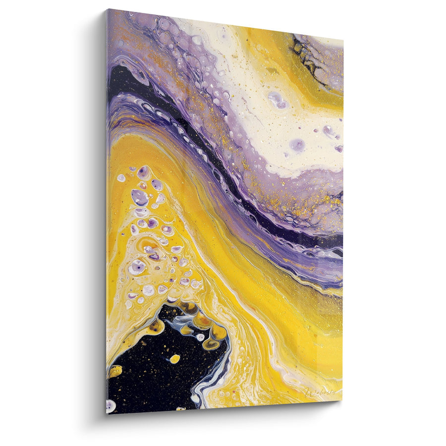 Tableau abstrait aux flots violets et dorés - Vagues cosmiques - Edition Feng shui Sud-Est Bois