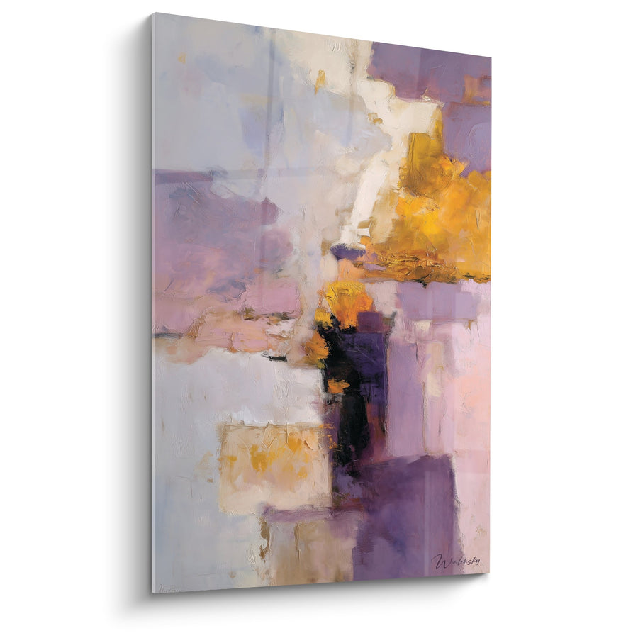 Tableau abstrait aux nuances violettes et dorées avec touches blanches - Harmonie Chromatique - Edition Feng shui Sud-Est Bois