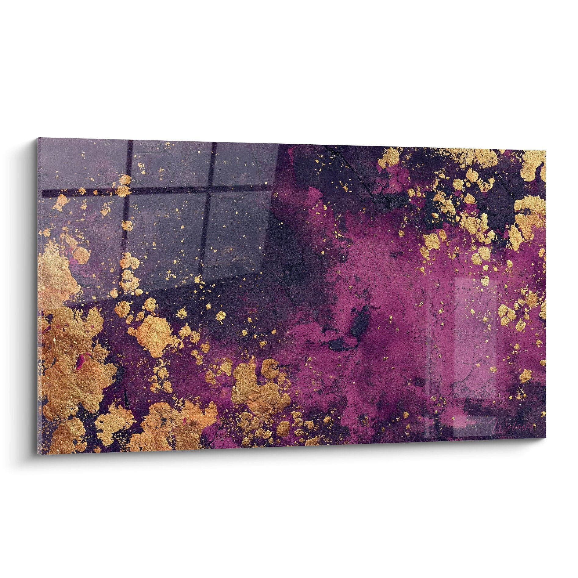 Abstract purple and gold artwork with metallic splashes for southeast wood feng shui wall decor