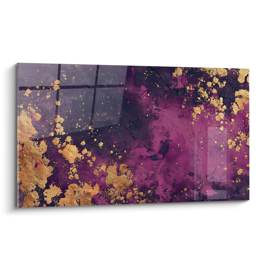Tableau abstrait violet et doré aux éclaboussures lumineuses - Harmonie Pourpre - Edition Feng shui Sud-Est Bois