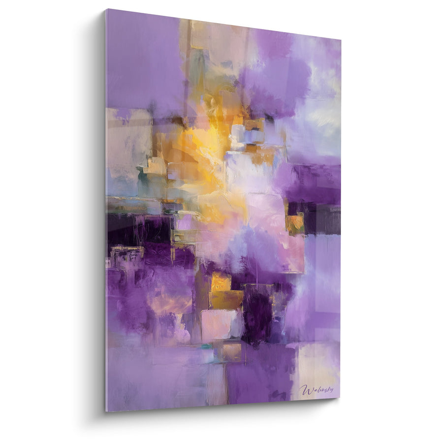 Tableau Abstraction Violette et Dorée aux Formes Géométriques - Harmonie Lumineuse - Edition Feng shui Sud-Est Bois