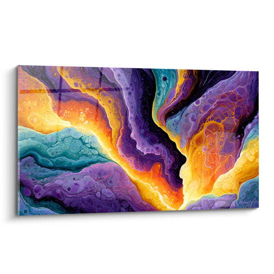 Coulée dorée fendant une roche violette et turquoise, tableau style Peinture abstrait aux formes organiques fluides