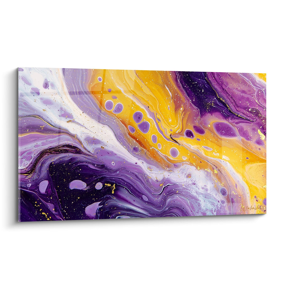 Tableau abstrait aux couleurs violettes et dorées en mouvement fluide - Harmonie Céleste - Edition Feng shui Sud-Est Bois