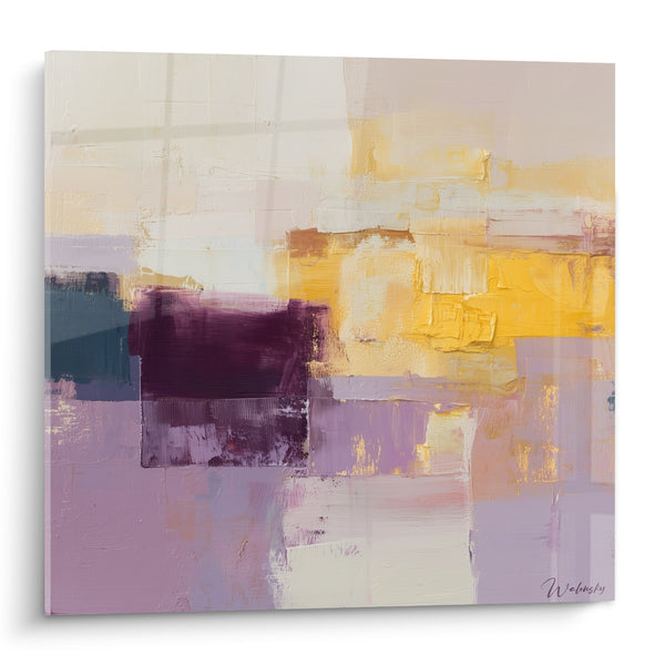 Abstract schilderij in paarse, gele en witte tinten - Helder Harmonie - Feng Shui Zuidoost Hout Editie