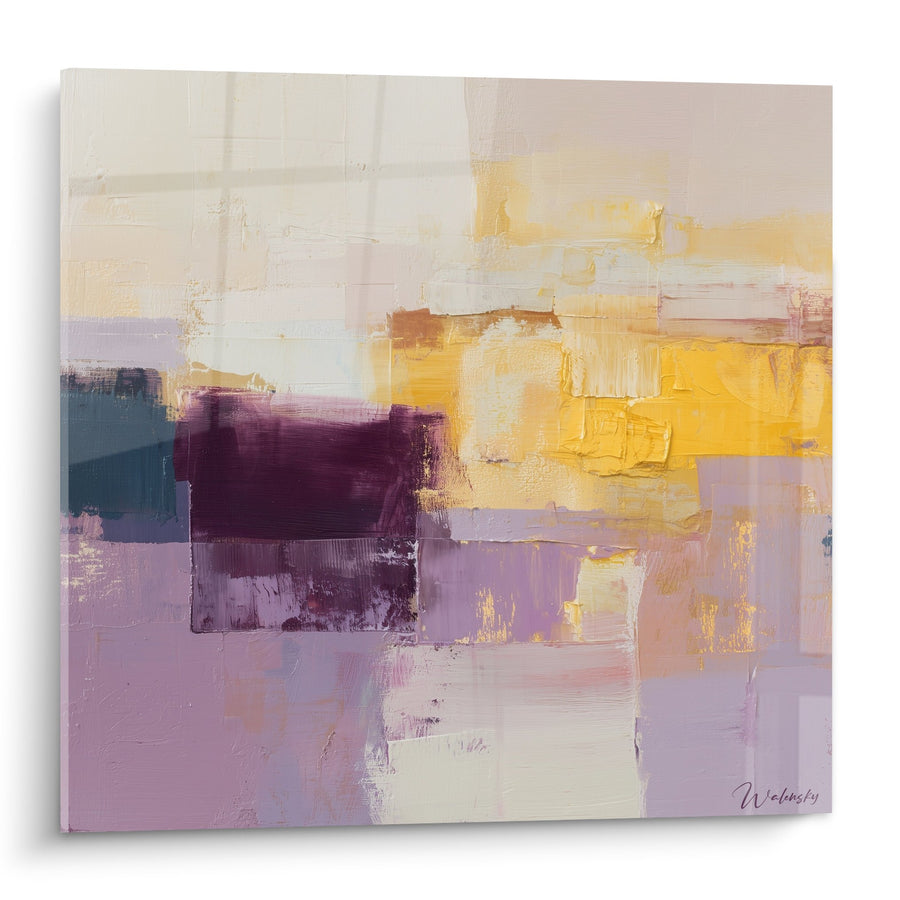 Tableau abstrait tons violets jaunes et blancs - Harmonie Lumineuse - Edition Feng shui Sud-Est Bois