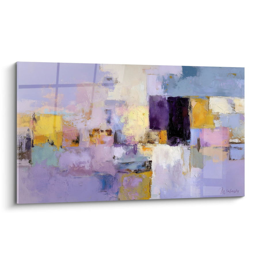 Tableau abstrait violet et jaune aux formes géométriques - Harmonie Colorée - Edition Feng shui Sud-Est Bois