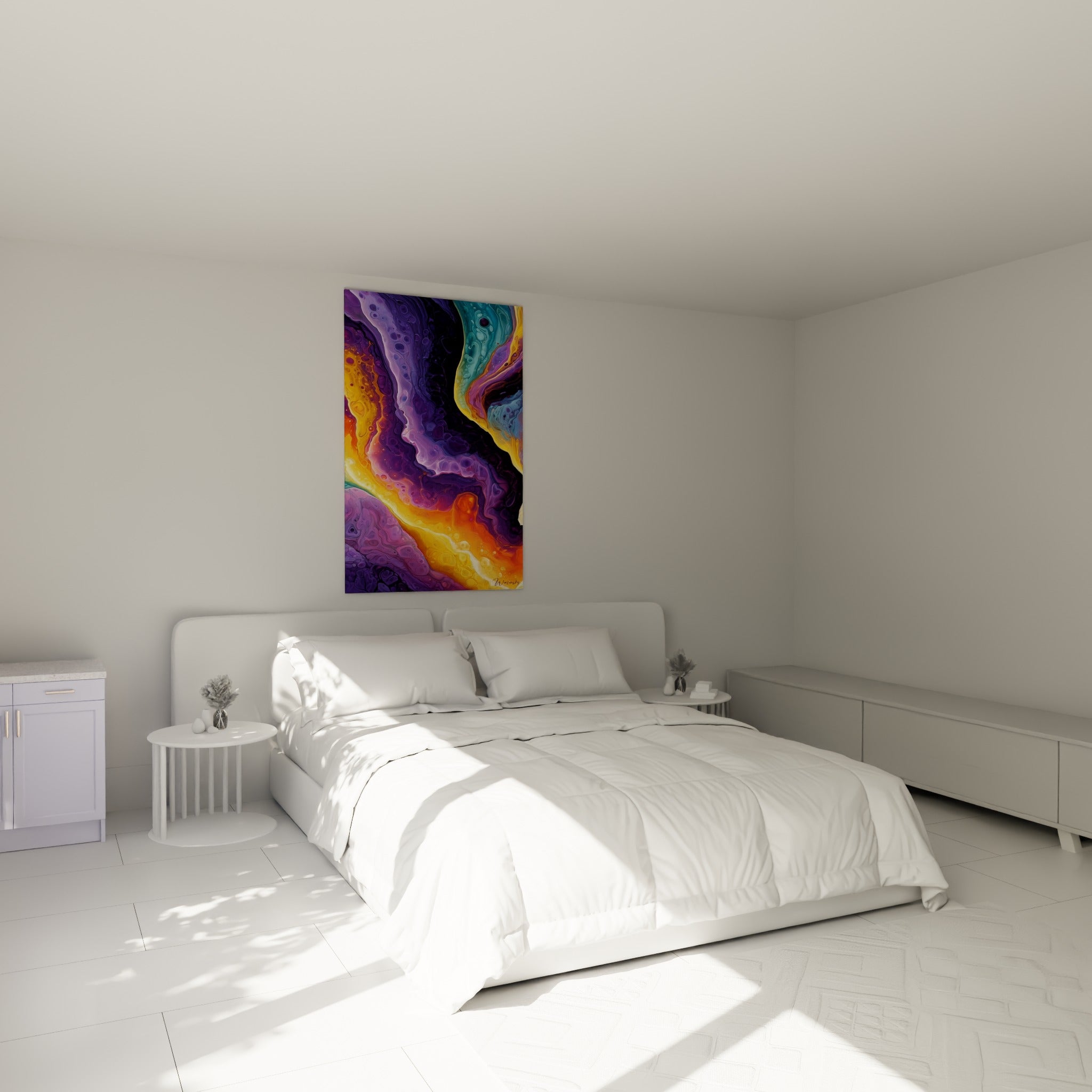 Formes fluides violettes et orangées se déployant au-dessus d'un lit dans une chambre claire