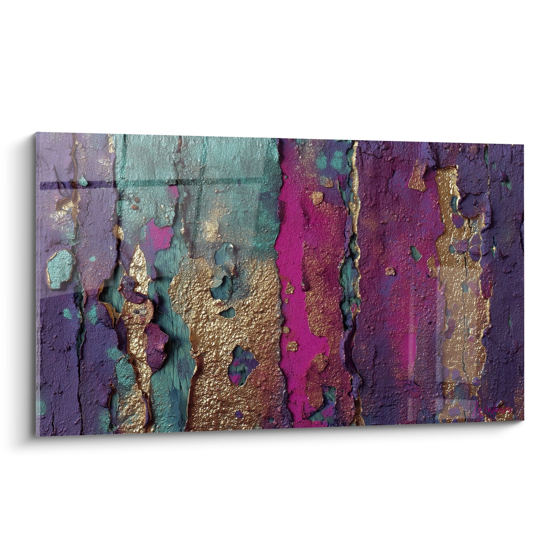 Abstract textured painting peeling purple turquoise gold feng shui southeast wood chromatic harmony