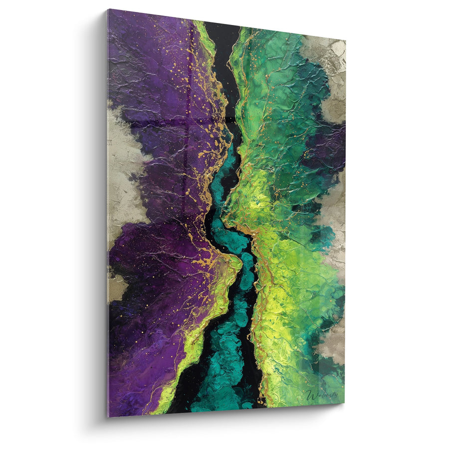 Tableau abstrait violet et vert avec coulée dorée centrale - Fusion Énergétique - Edition Feng shui Sud-Est Bois