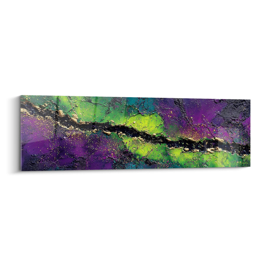 Tableau Abstrait Violet et Vert Lime Métallisé - Fusion Cosmique - Edition Feng shui Sud-Est Bois