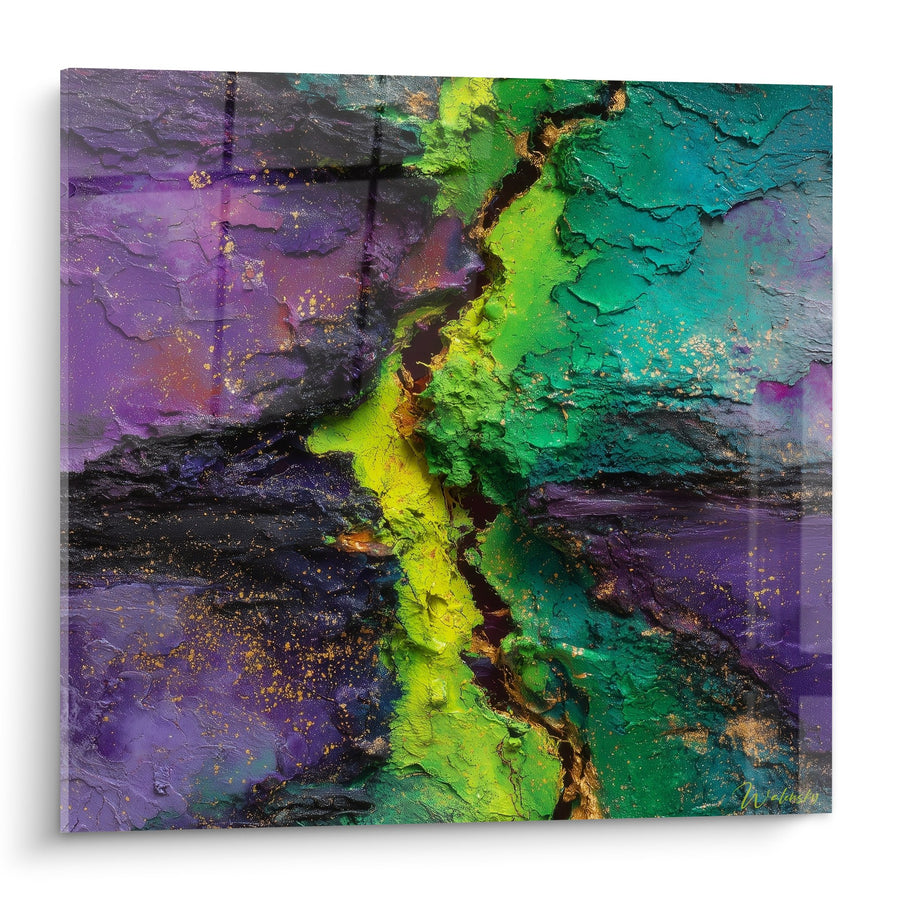 Tableau Abstraction Violette et Verte à Texture Craquelée - Fusion Énergétique - Edition Feng shui Sud-Est Bois