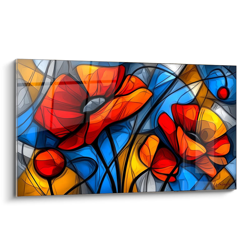 Abstraktes Blumenbild mit stilisierten mehrfarbigen Blüten - Modernes Buntglas - Mohnblüten Edition