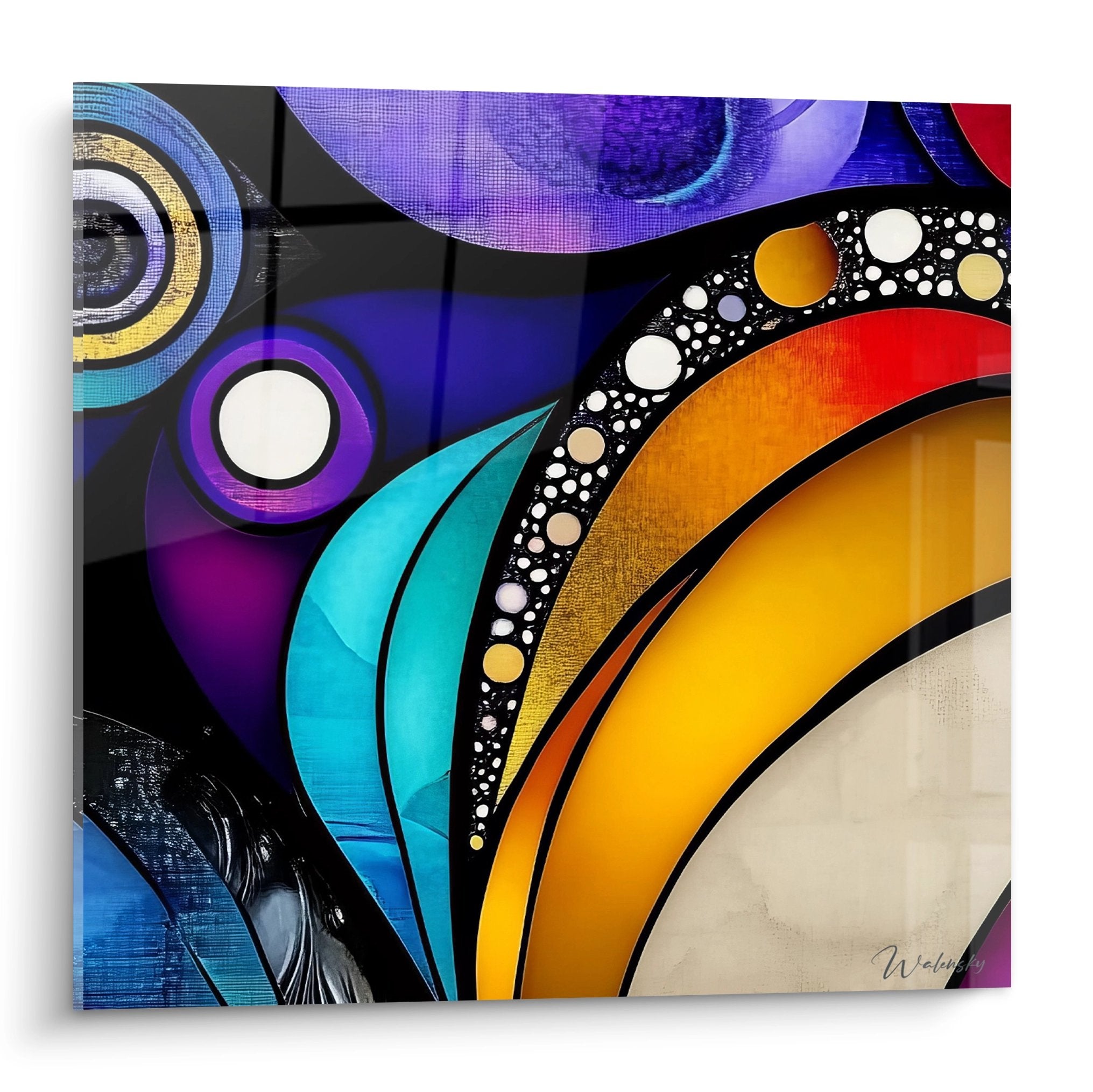 Tableau abstrait style vitraux aux couleurs vives avec formes géométriques et motifs organiques