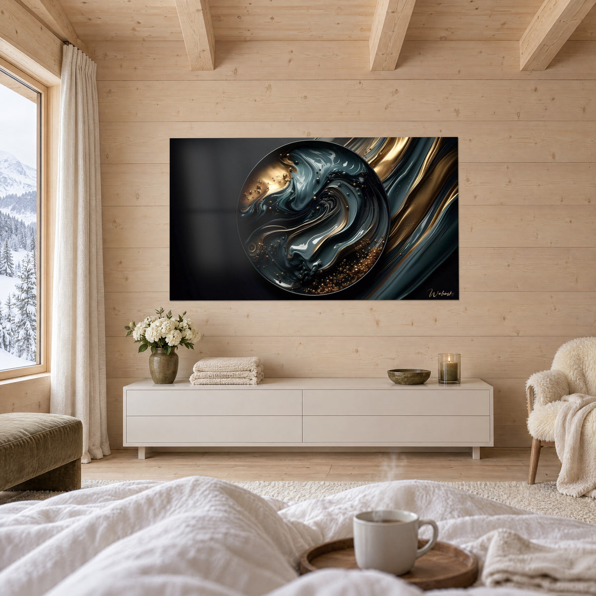 Wall art grey-blue and gold oil swirls, gold beads at the bottom of the black disc, above a bed in a bright bedroom