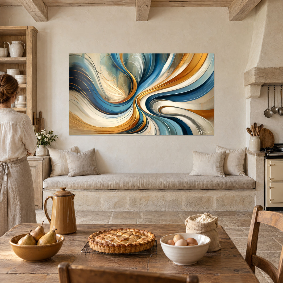 Wall art undulating motion in navy blue and saffron yellow, ivory curves, facing a rustic stone kitchen