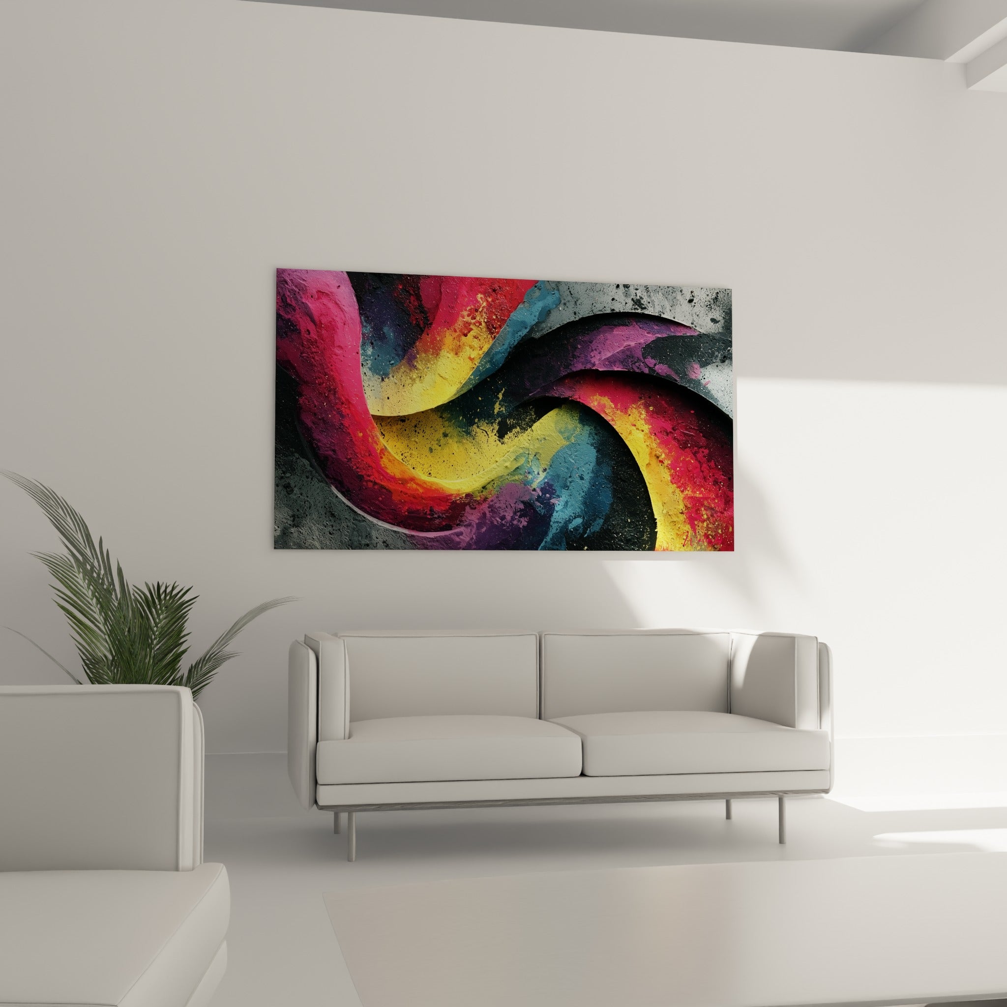 Vortex chromatique magenta et jaune éclatant suspendu au-dessus d'un canapé dans un salon lumineux