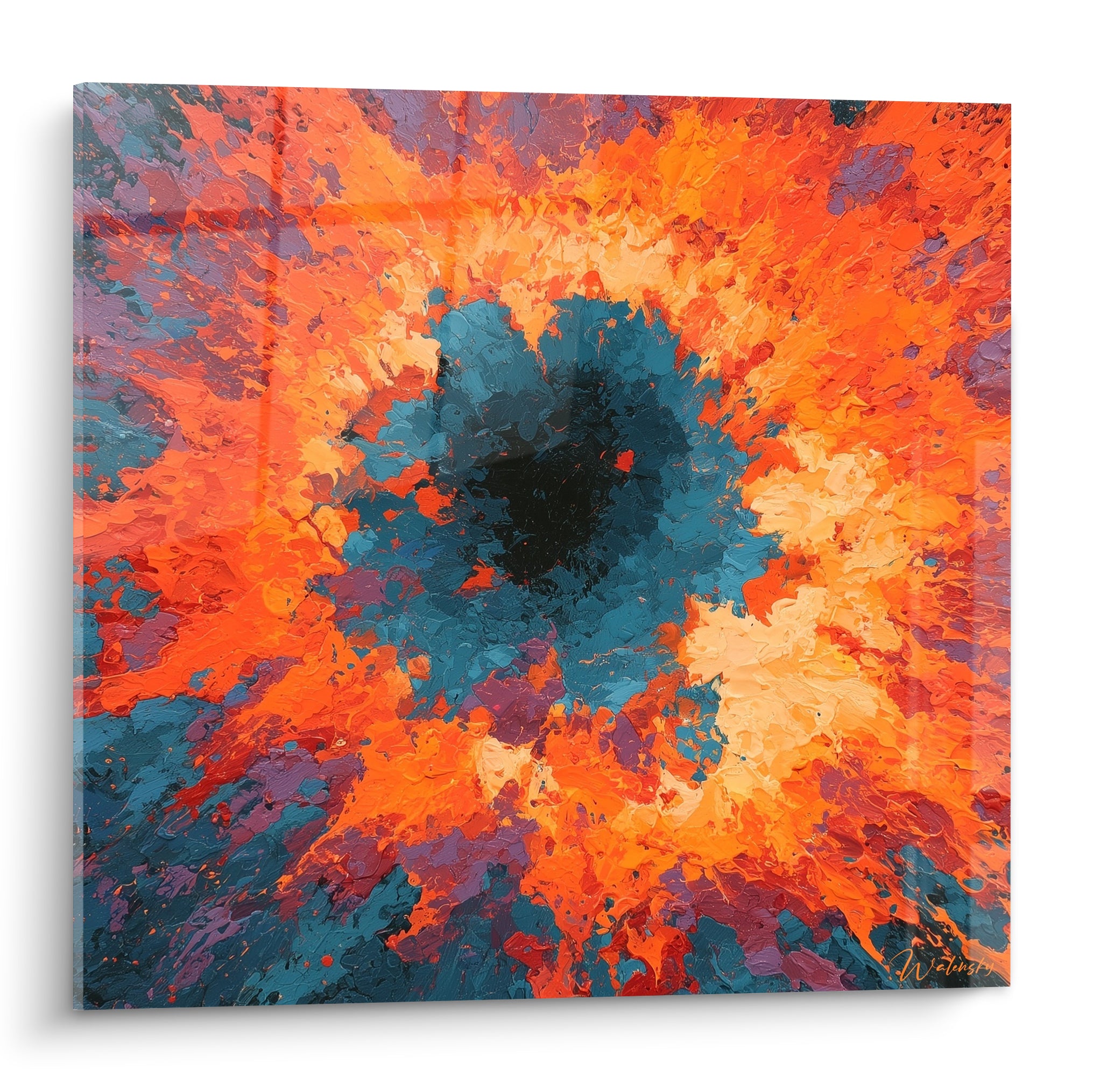 Vortex de peinture abstraite en orange incandescent et bleu sarcelle avec noyau noir profond
